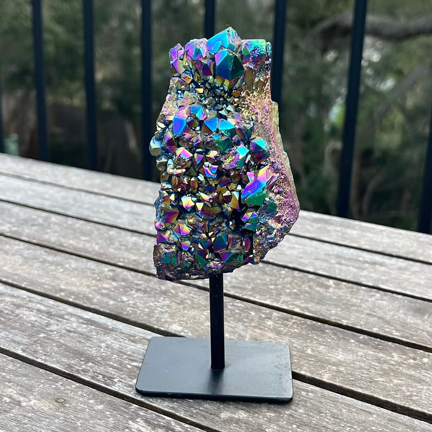 Titanium Aura Quartz Cluster on Metal Stand