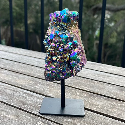 Titanium Aura Quartz Cluster on Metal Stand
