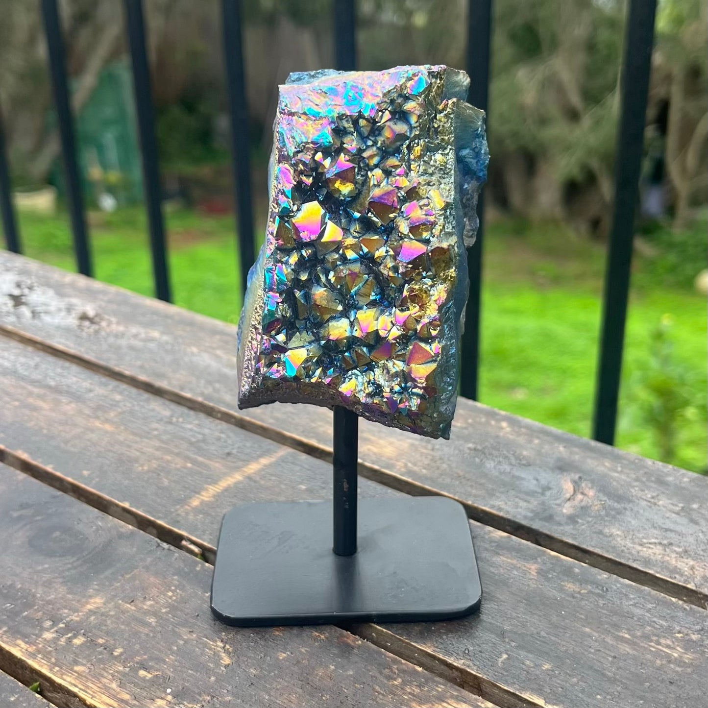 Titanium Aura Quartz Cluster on Metal Stand