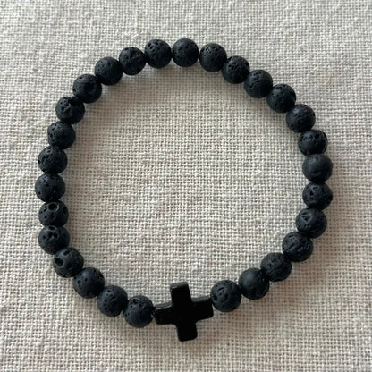 Protection Cross Bracelet - Lava Stone & Black Agate