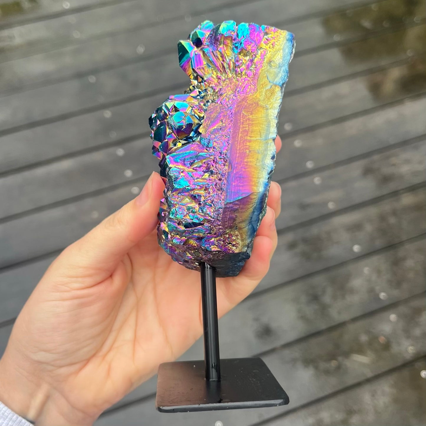 Titanium Aura Quartz Cluster on Metal Stand