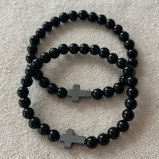 Protection Cross Bracelet - Obsidian & Hematite