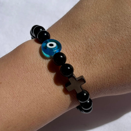 Obsidian Hematite Evil Eye Cross Bracelet