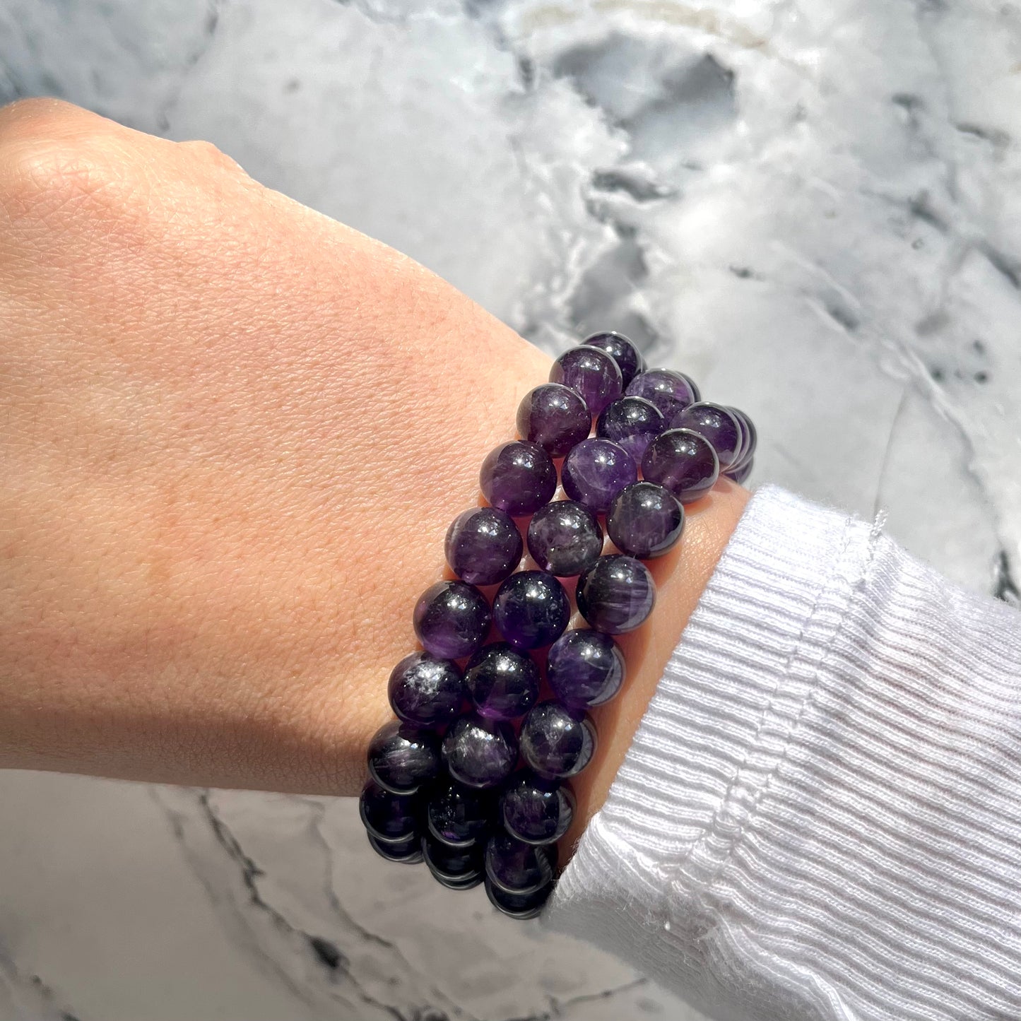 Three amethyst beaded bracelets in 8mm bead size