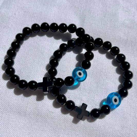 Obsidian Hematite Evil Eye Cross Bracelet
