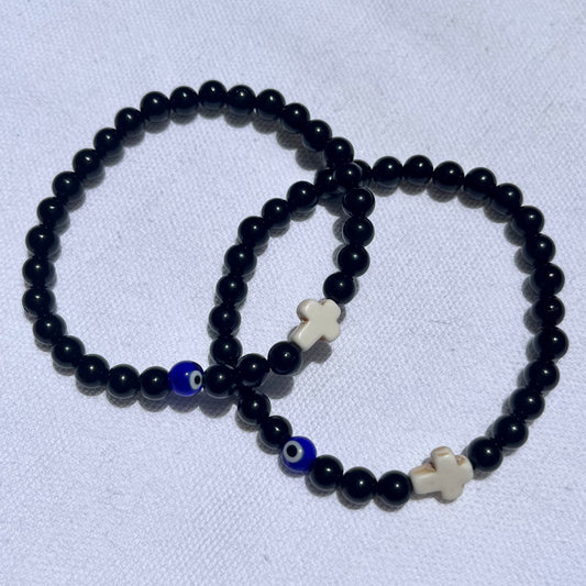 Black Tourmaline Evil Eye Cross Bracelet
