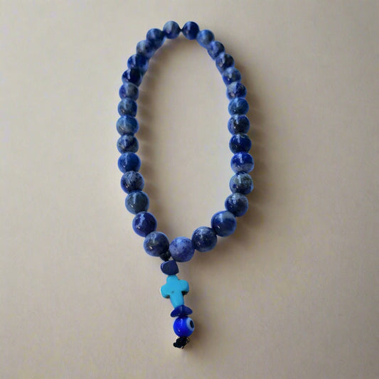 Lapis Lazuli Evil Eye Cross Palm Worry Beads - Lithos Crystals