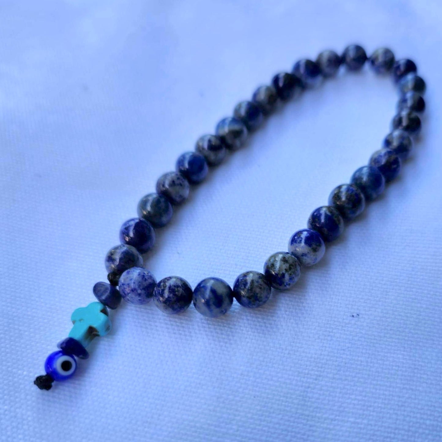 Lapis Lazuli Evil Eye Cross Palm Worry Beads - Lithos Crystals