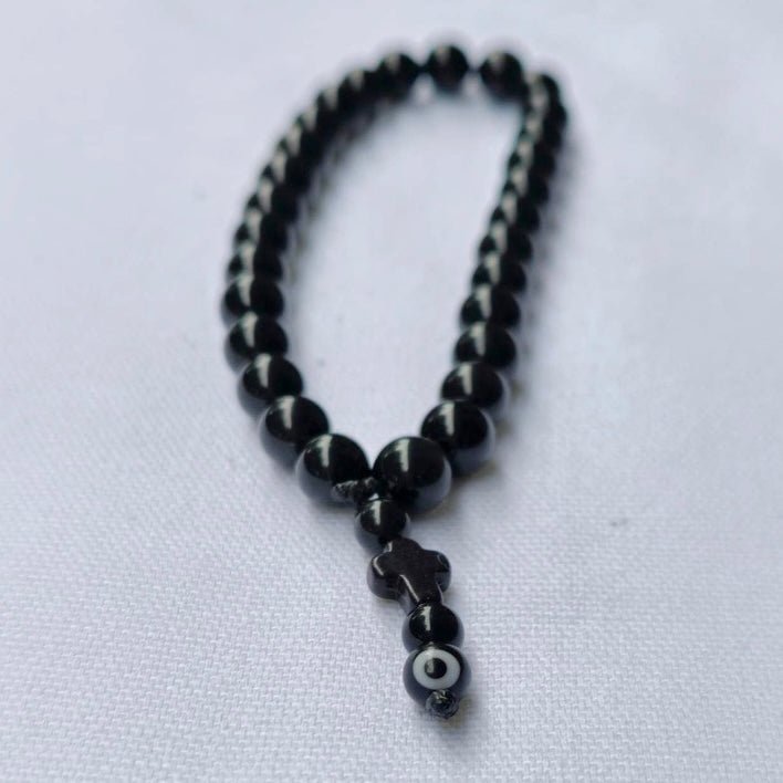 Obsidian Evil Eye Cross Palm Worry Beads - Lithos Crystals