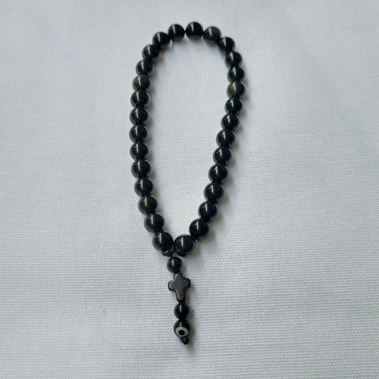 Obsidian Evil Eye Cross Palm Worry Beads - Lithos Crystals