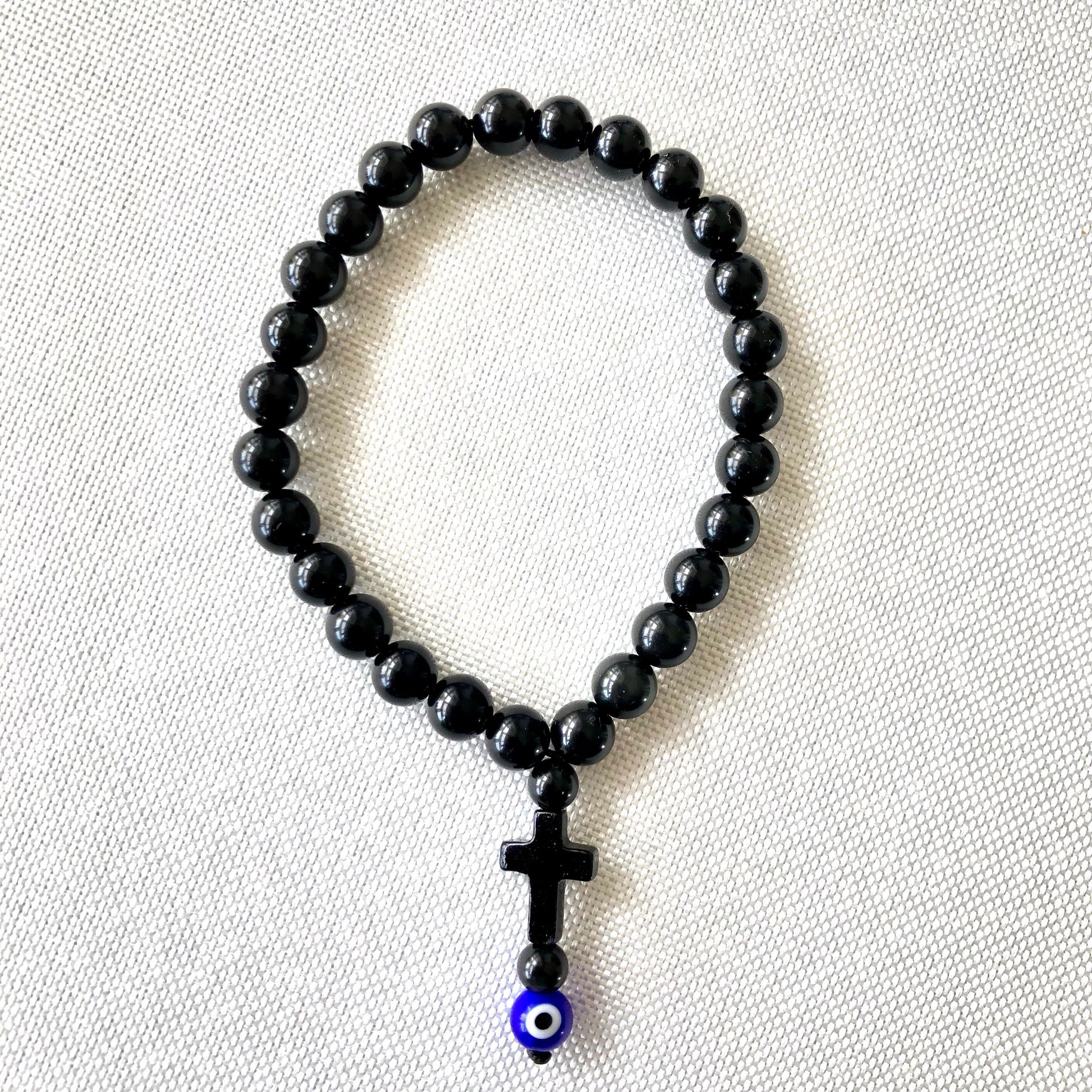 Obsidian Evil Eye Cross Palm Worry Beads - Lithos Crystals