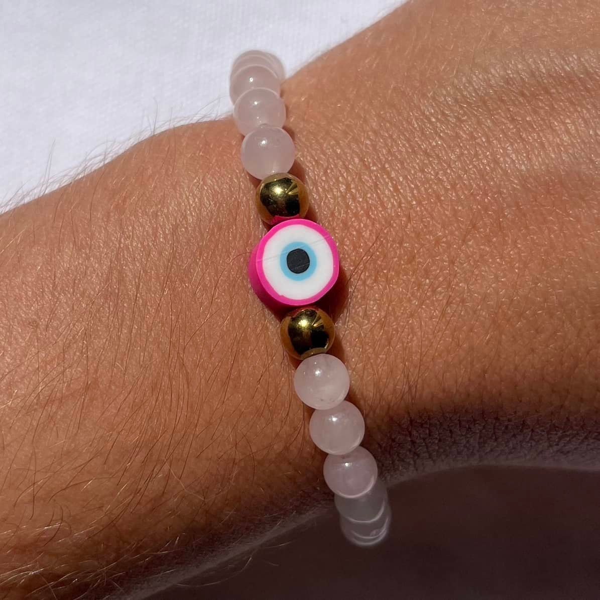 Rose Quartz Evil Eye Bracelet - Lithos Crystals