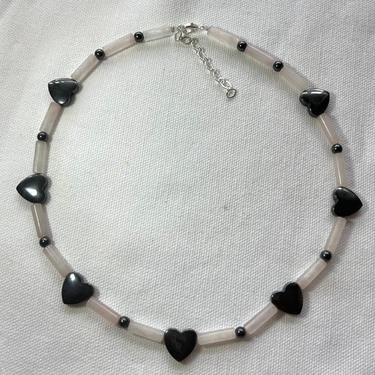 Rose Quartz Hematite Heart Beaded Necklace - Lithos Crystals